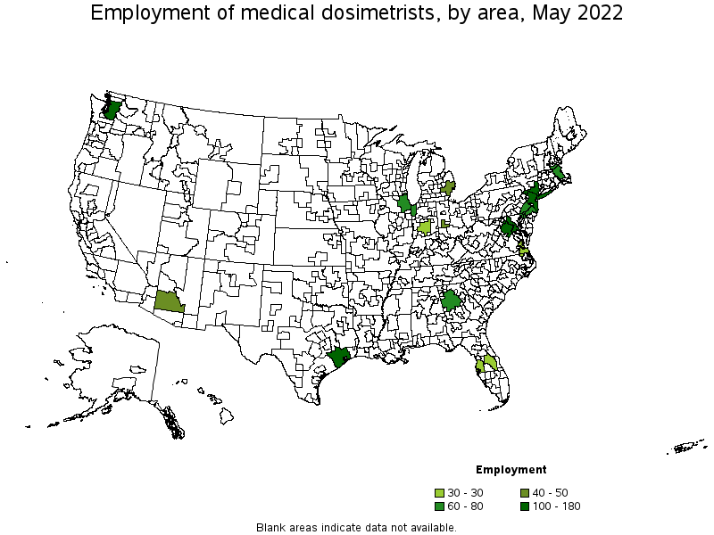 Map of employment of medical dosimetrists by area, May 2022