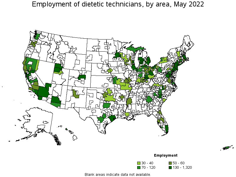 Map of employment of dietetic technicians by area, May 2022