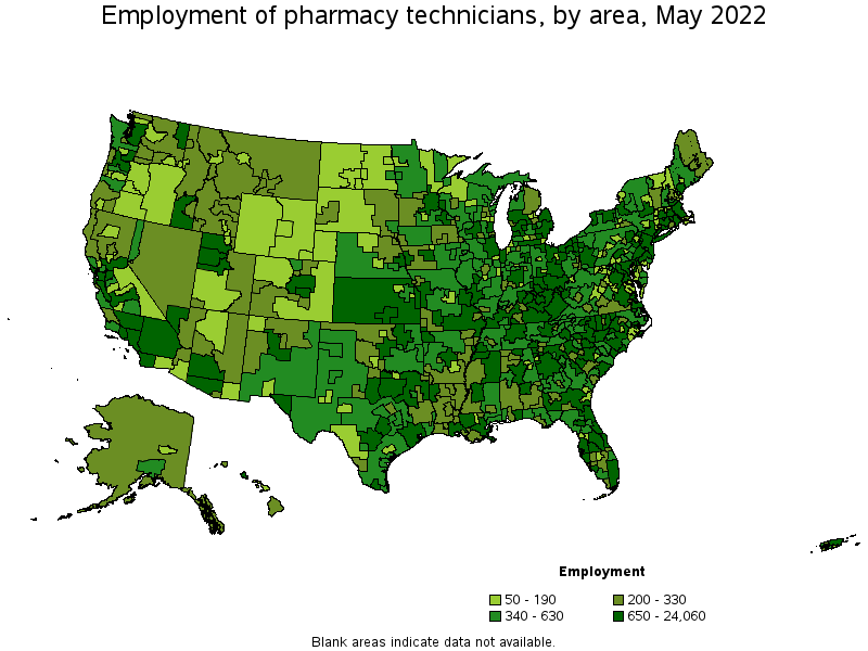 Map of employment of pharmacy technicians by area, May 2022