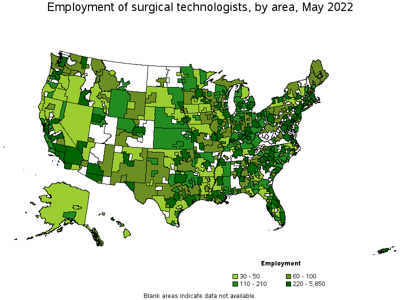 Map of employment of surgical technologists by area, May 2022