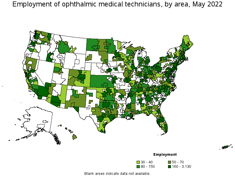 Map of employment of ophthalmic medical technicians by area, May 2022