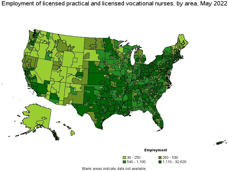 Map of employment of licensed practical and licensed vocational nurses by area, May 2022