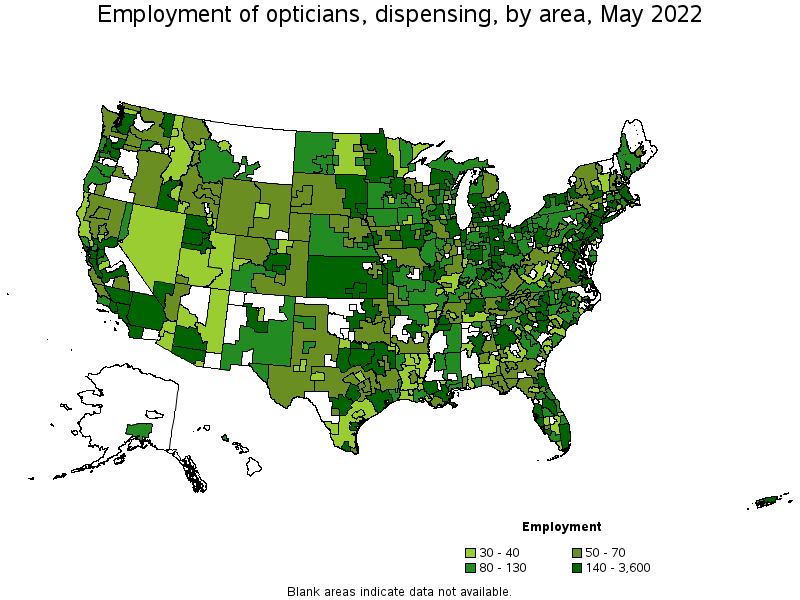 Map of employment of opticians, dispensing by area, May 2022