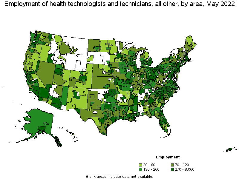 Map of employment of health technologists and technicians, all other by area, May 2022