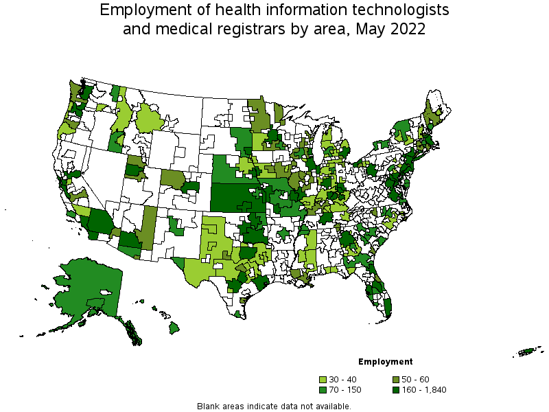 Map of employment of health information technologists and medical registrars by area, May 2022