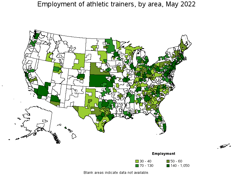 Map of employment of athletic trainers by area, May 2022