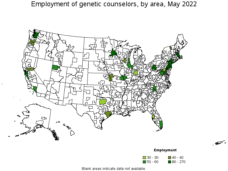 Map of employment of genetic counselors by area, May 2022