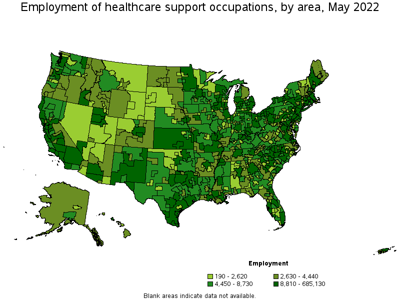 Map of employment of healthcare support occupations by area, May 2022
