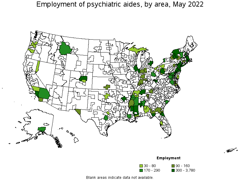 Map of employment of psychiatric aides by area, May 2022