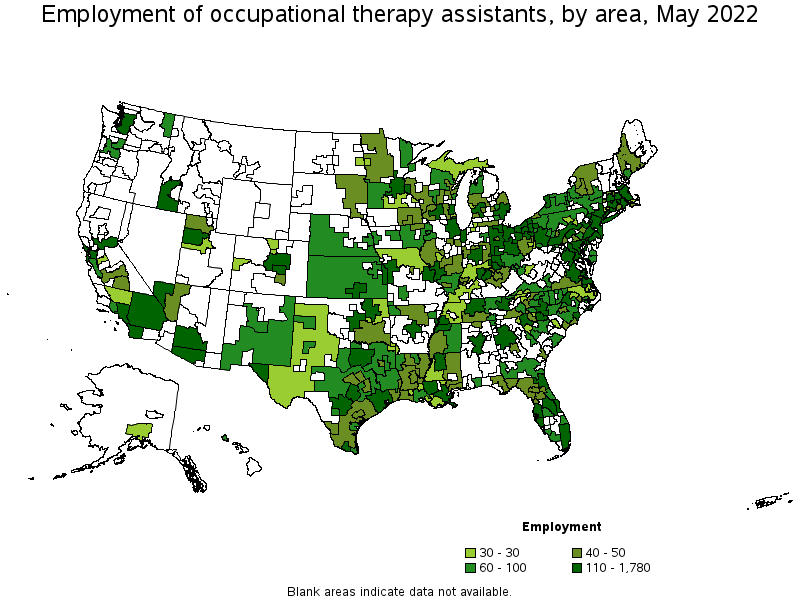 Map of employment of occupational therapy assistants by area, May 2022