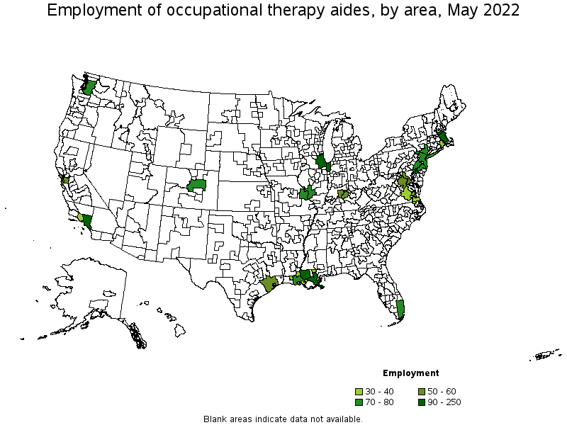 Map of employment of occupational therapy aides by area, May 2022