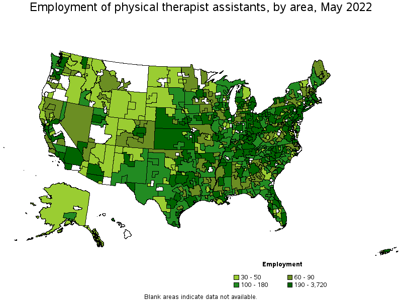 Map of employment of physical therapist assistants by area, May 2022