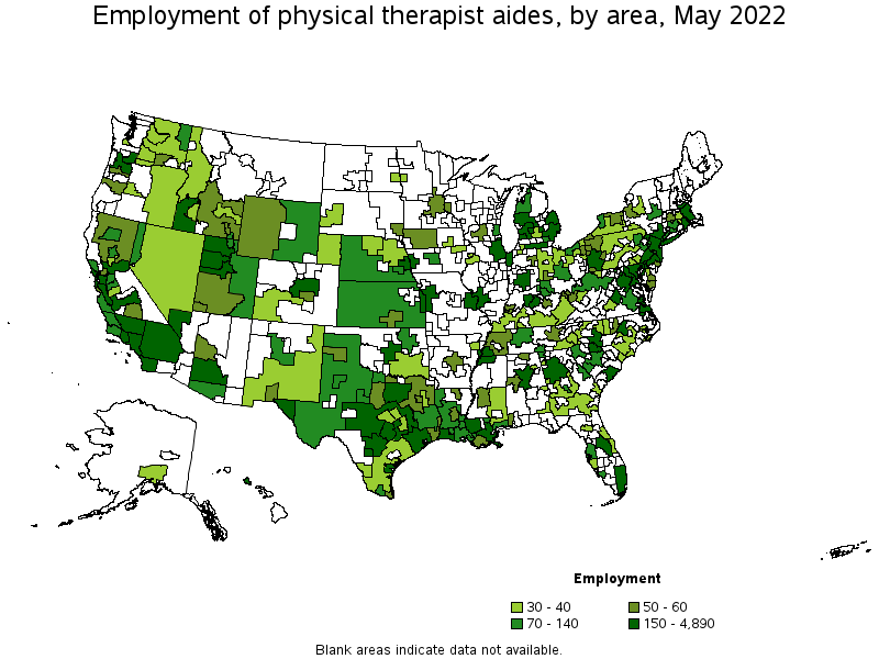 Map of employment of physical therapist aides by area, May 2022