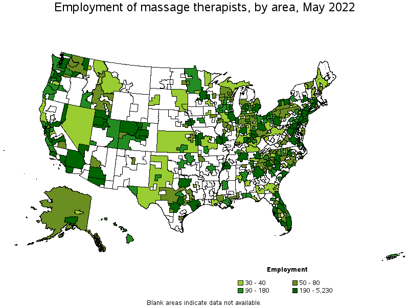 Map of employment of massage therapists by area, May 2022