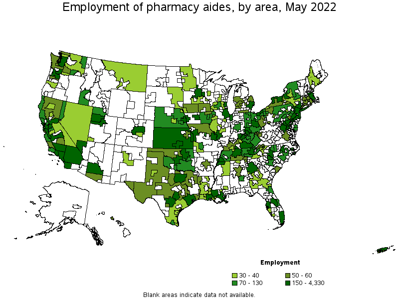 Map of employment of pharmacy aides by area, May 2022