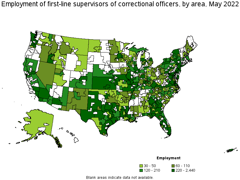 Map of employment of first-line supervisors of correctional officers by area, May 2022