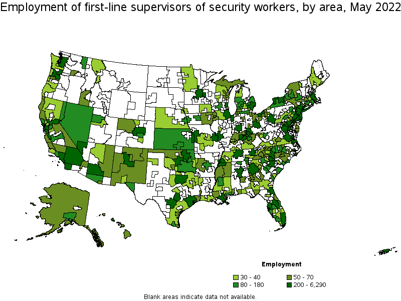 Map of employment of first-line supervisors of security workers by area, May 2022