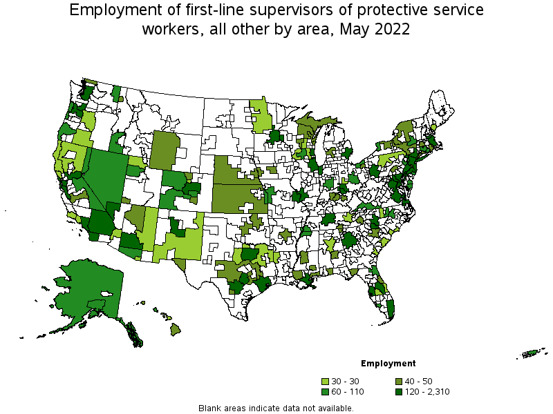 Map of employment of first-line supervisors of protective service workers, all other by area, May 2022