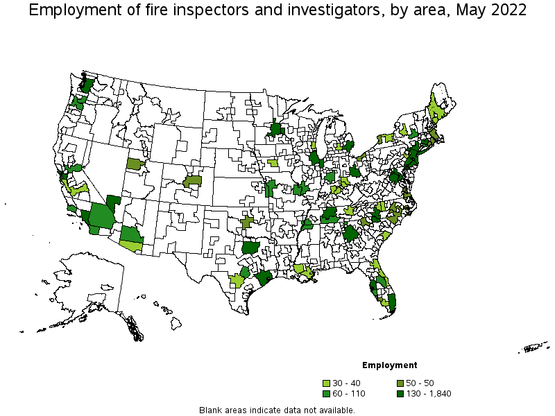 Map of employment of fire inspectors and investigators by area, May 2022