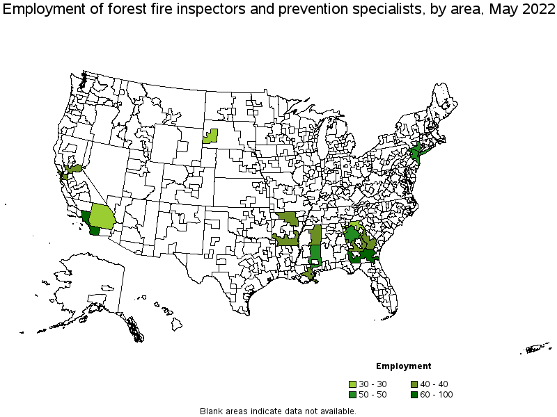 Map of employment of forest fire inspectors and prevention specialists by area, May 2022
