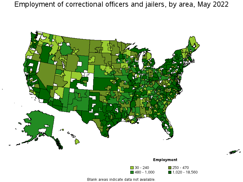 Map of employment of correctional officers and jailers by area, May 2022