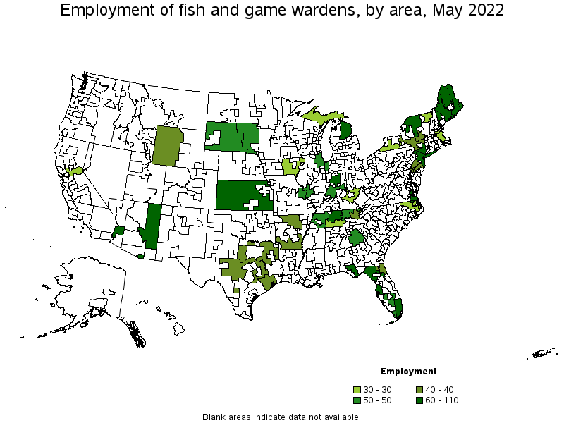 Map of employment of fish and game wardens by area, May 2022