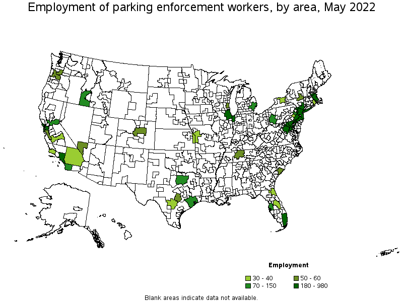 Map of employment of parking enforcement workers by area, May 2022