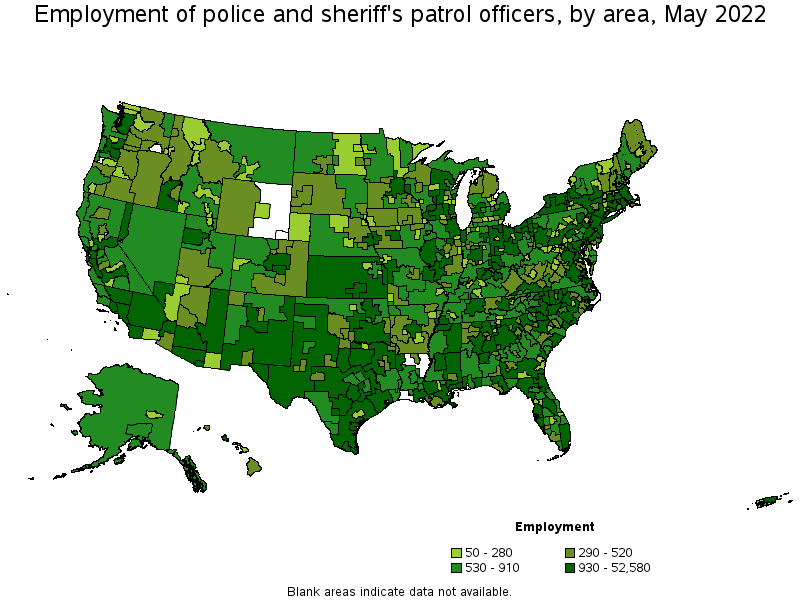Map of employment of police and sheriff's patrol officers by area, May 2022