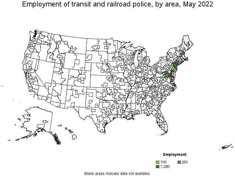 Map of employment of transit and railroad police by area, May 2022