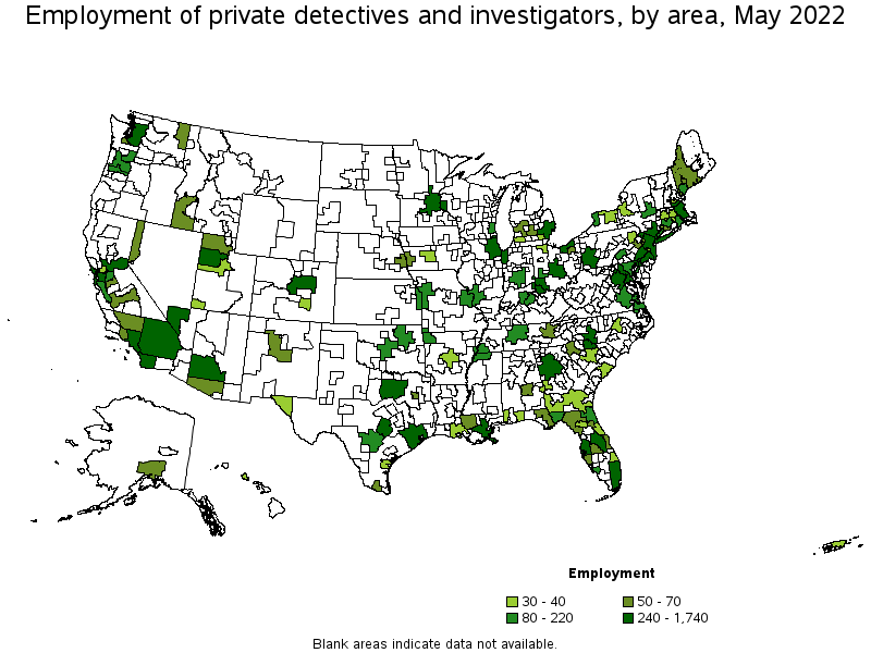 Map of employment of private detectives and investigators by area, May 2022