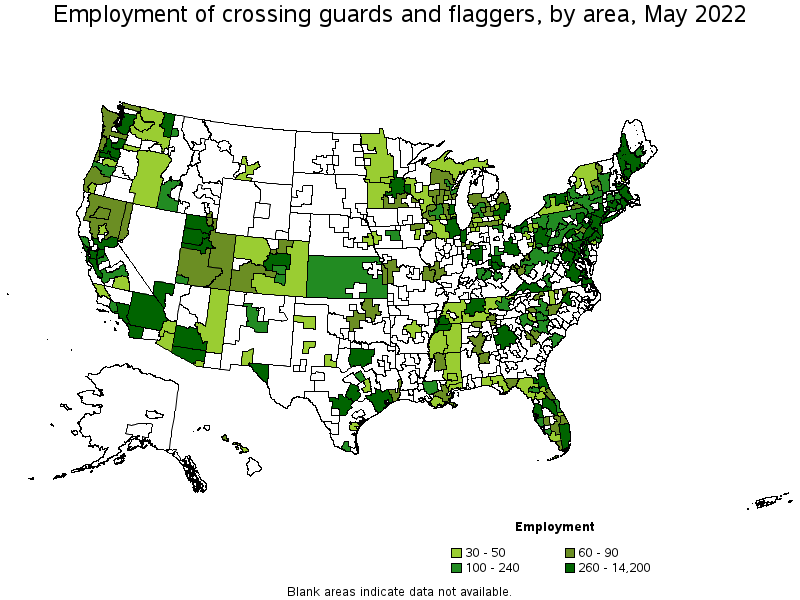 Map of employment of crossing guards and flaggers by area, May 2022