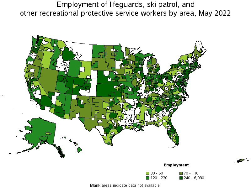 Map of employment of lifeguards, ski patrol, and other recreational protective service workers by area, May 2022