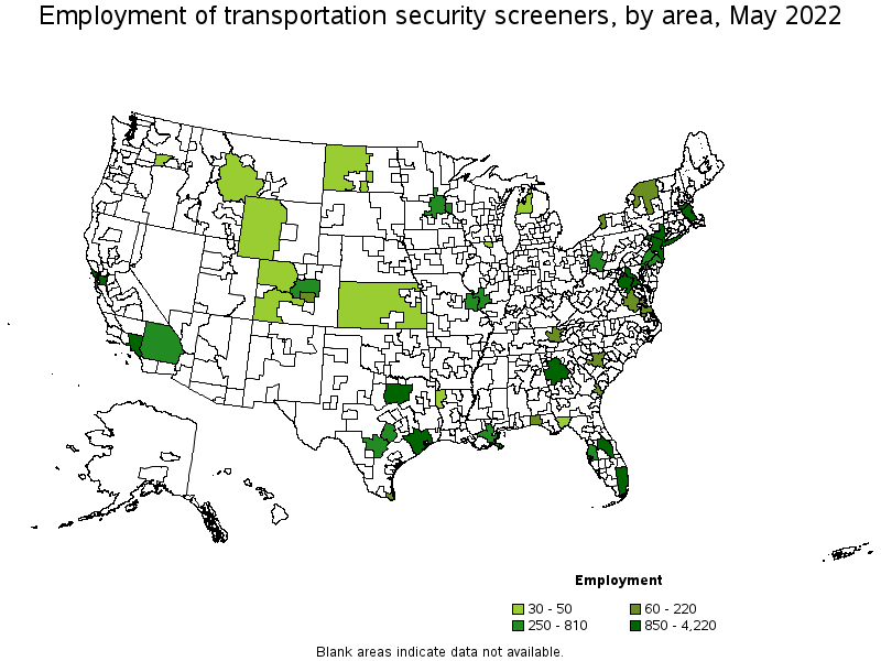 Map of employment of transportation security screeners by area, May 2022
