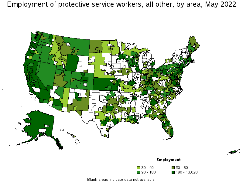 Map of employment of protective service workers, all other by area, May 2022