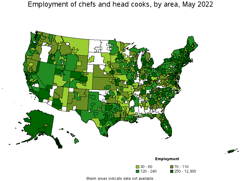 Map of employment of chefs and head cooks by area, May 2022