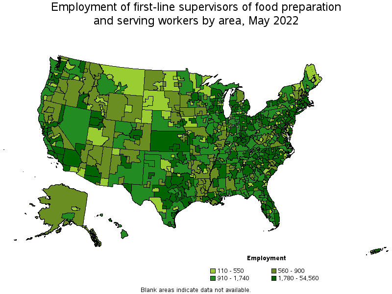 Map of employment of first-line supervisors of food preparation and serving workers by area, May 2022
