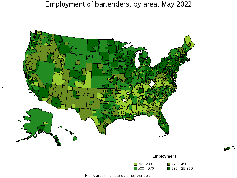 Map of employment of bartenders by area, May 2022