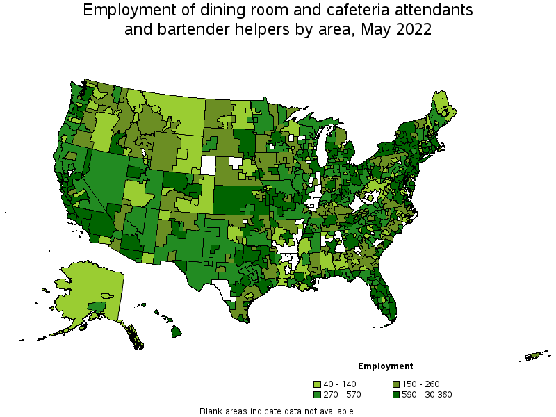 Map of employment of dining room and cafeteria attendants and bartender helpers by area, May 2022