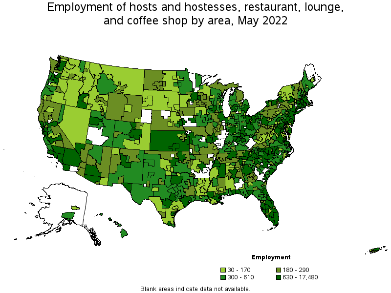 Map of employment of hosts and hostesses, restaurant, lounge, and coffee shop by area, May 2022