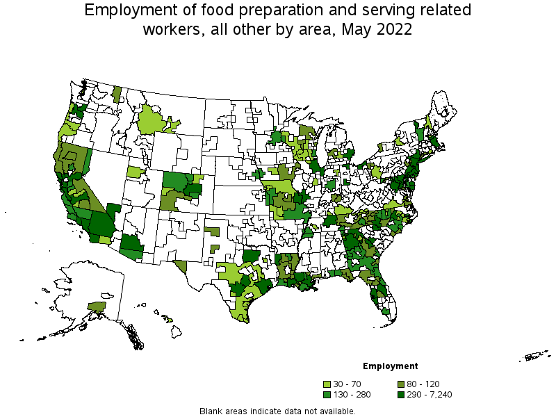 Map of employment of food preparation and serving related workers, all other by area, May 2022