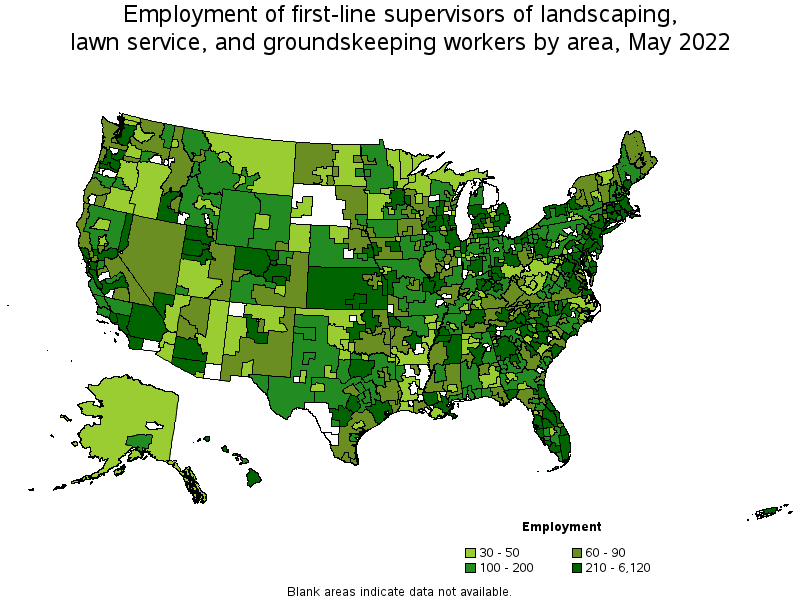 Map of employment of first-line supervisors of landscaping, lawn service, and groundskeeping workers by area, May 2022