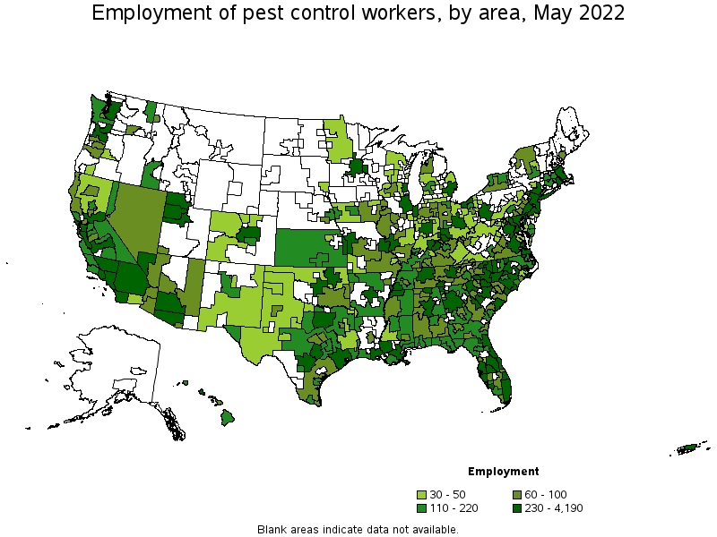 Map of employment of pest control workers by area, May 2022