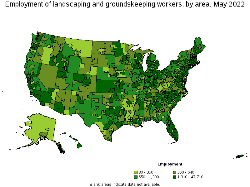 Map of employment of landscaping and groundskeeping workers by area, May 2022