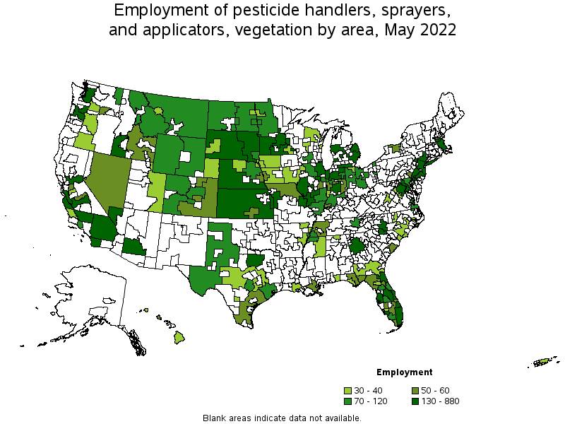 Map of employment of pesticide handlers, sprayers, and applicators, vegetation by area, May 2022