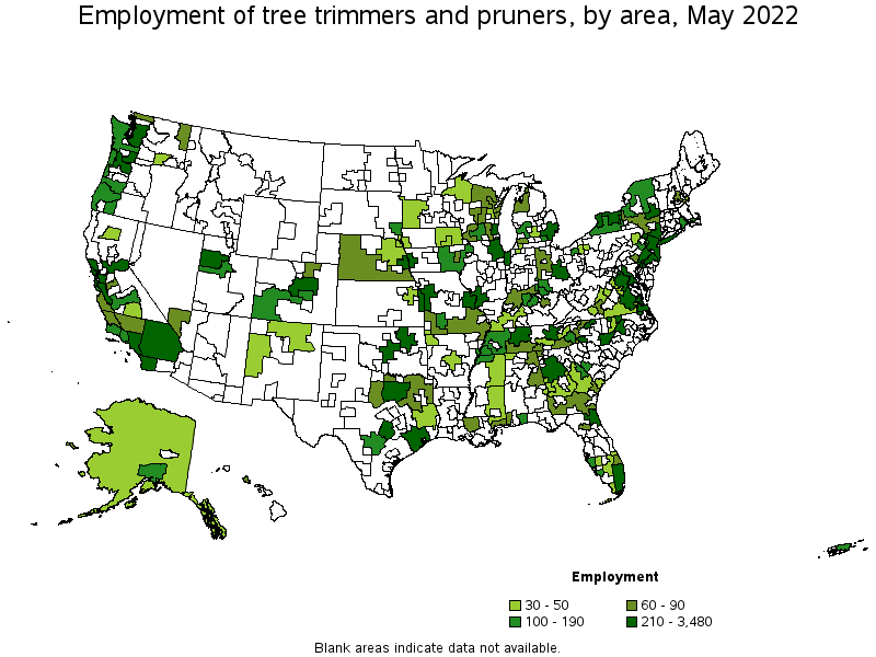 Map of employment of tree trimmers and pruners by area, May 2022