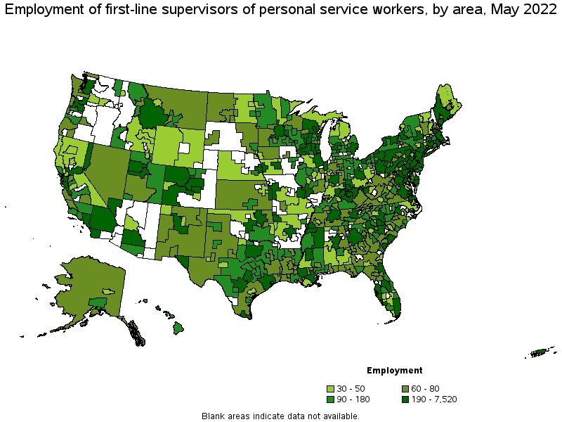 Map of employment of first-line supervisors of personal service workers by area, May 2022