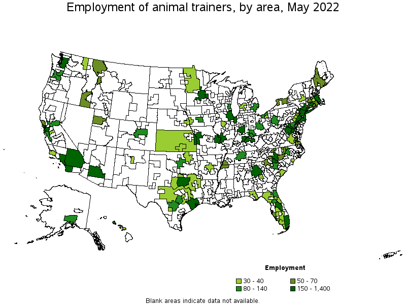 Map of employment of animal trainers by area, May 2022
