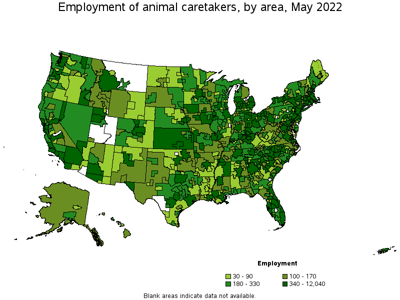 Map of employment of animal caretakers by area, May 2022