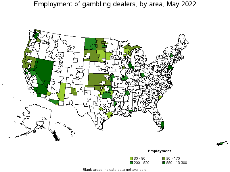 Map of employment of gambling dealers by area, May 2022