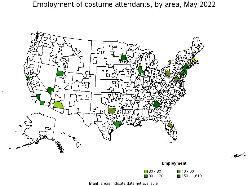 Map of employment of costume attendants by area, May 2022